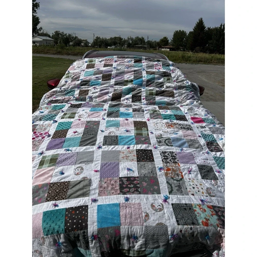 Handmade Patchwork Tied Quilt Full Queen 98x72 Minky Mixed Fabric Cozy